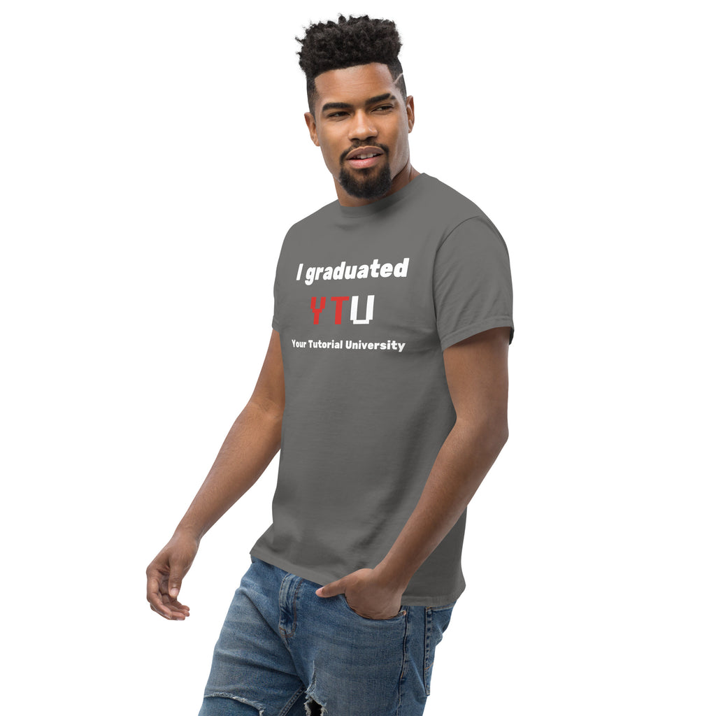 I Graduated YTU T-shirt in charcoal, worn by a model on white, three-quarter view.