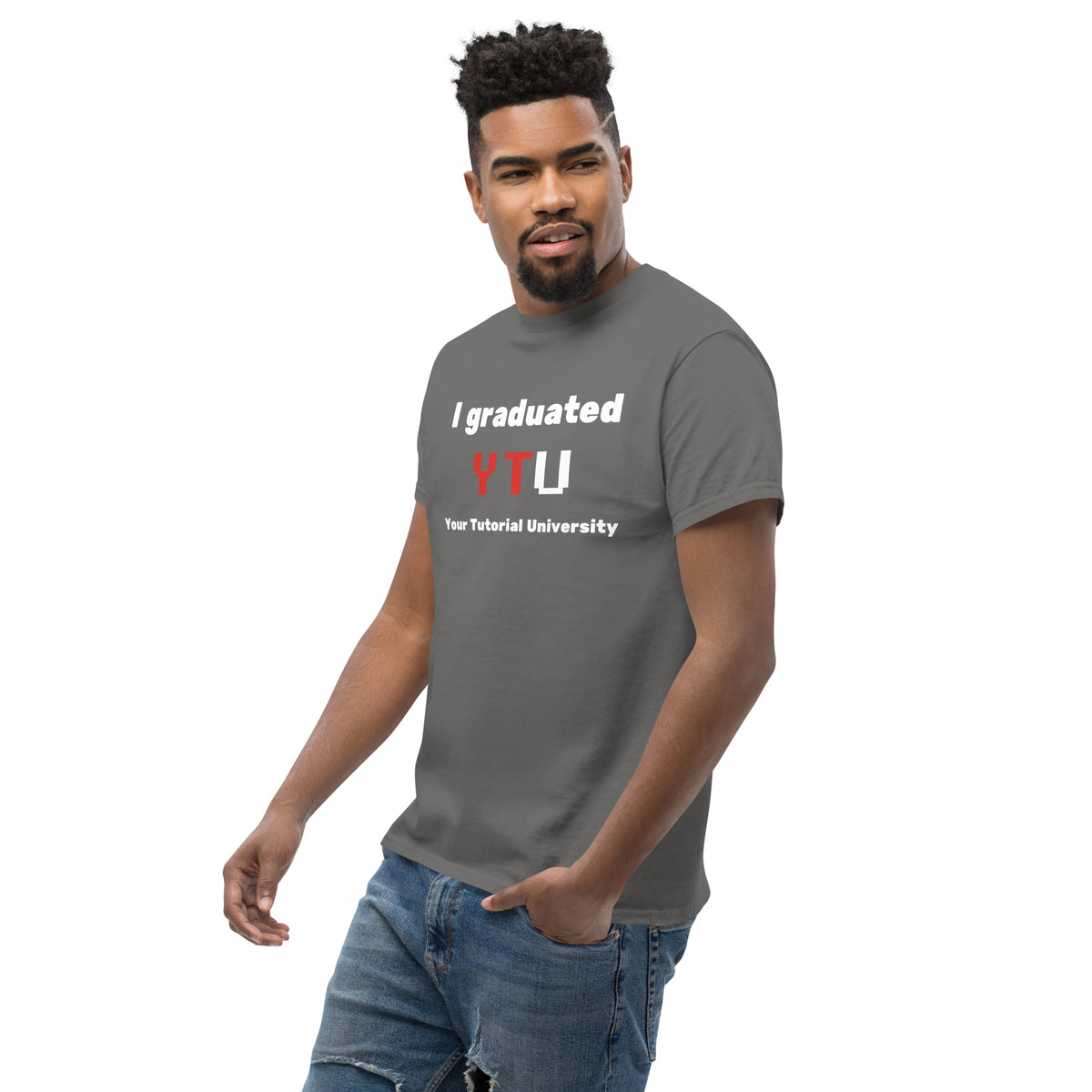 I Graduated YTU T-shirt in charcoal, worn by a model on white, three-quarter view.