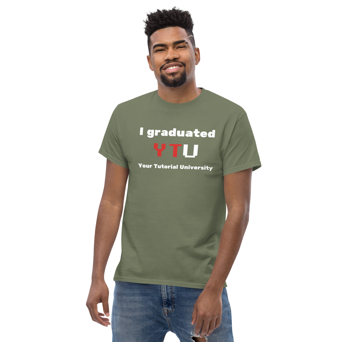 I Graduated YTU T-shirt in military green, worn by a smiling model on white.