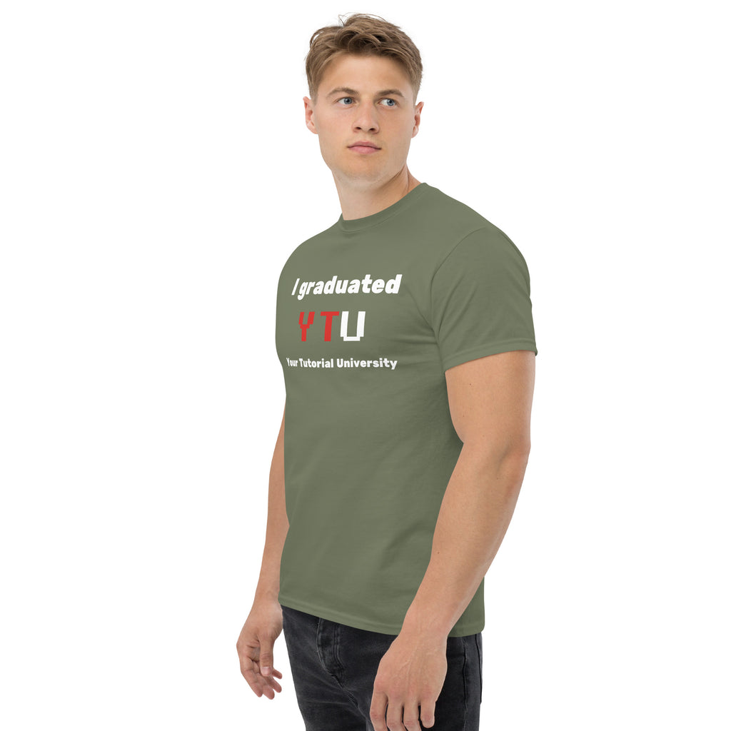 I Graduated YTU T-shirt in military green, worn by a model on white, side three-quarter view.