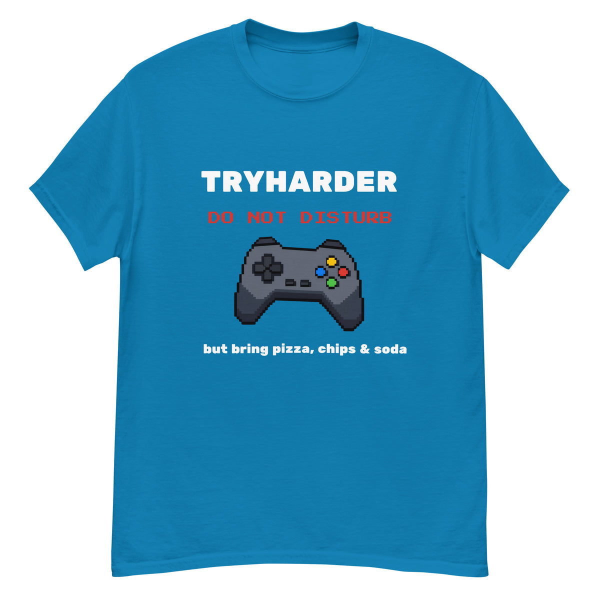 Tryharder gamer T-shirt in sapphire blue, flat front view on a white background.