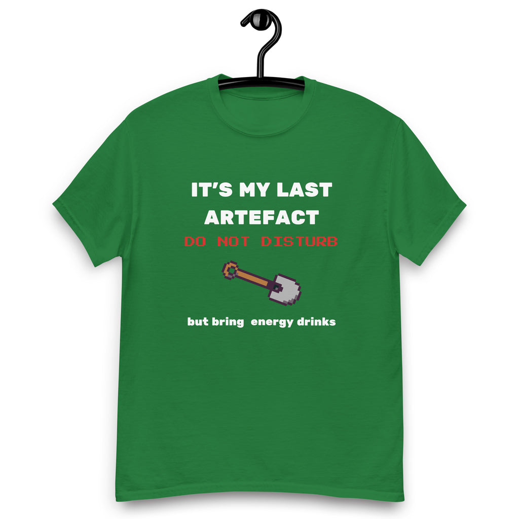 It's My Last Artefact gamer T-shirt in green, hanging front view on a white background.