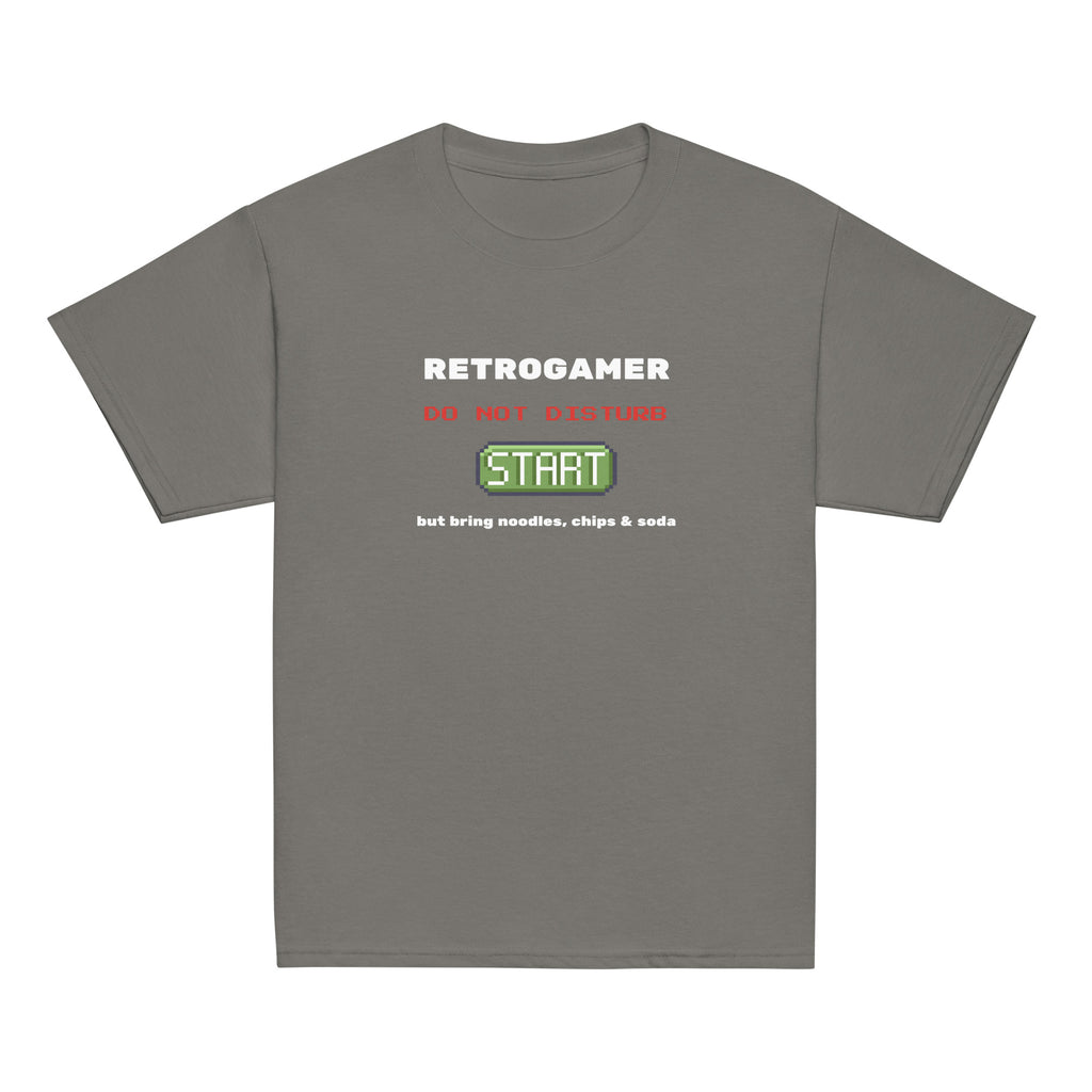 Retrogamer kids' T-shirt in charcoal, flat front view on a white background.