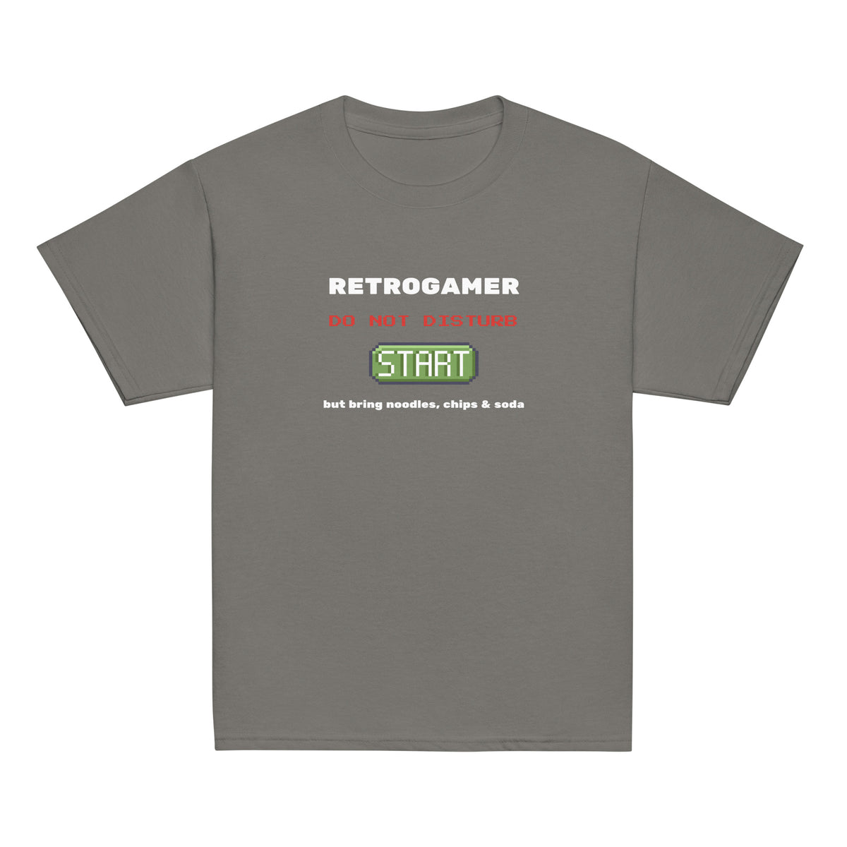 Retrogamer kids' T-shirt in charcoal, flat front view on a white background.
