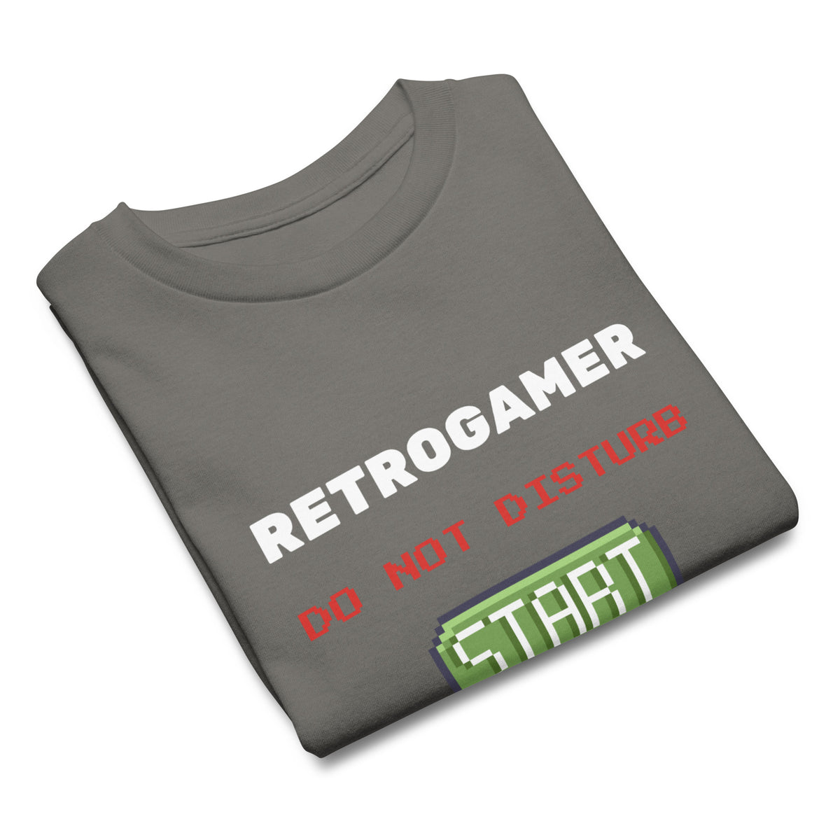 Retrogamer kids' T-shirt in charcoal, folded on white to show the Do Not Disturb message.