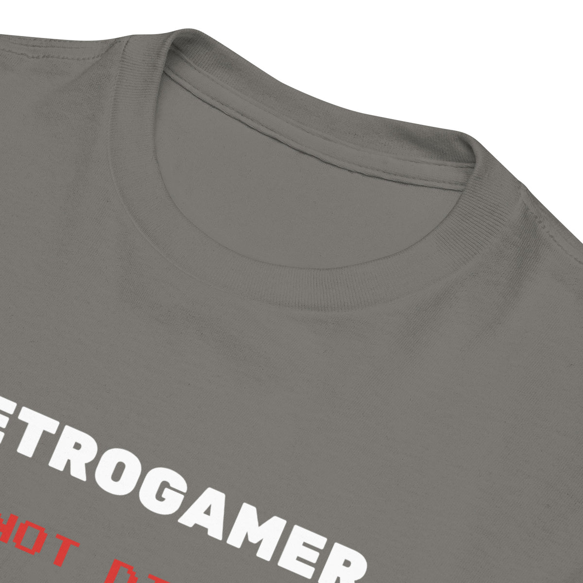 Retrogamer kids' T-shirt in charcoal, close-up of the neckline and slogan on white.