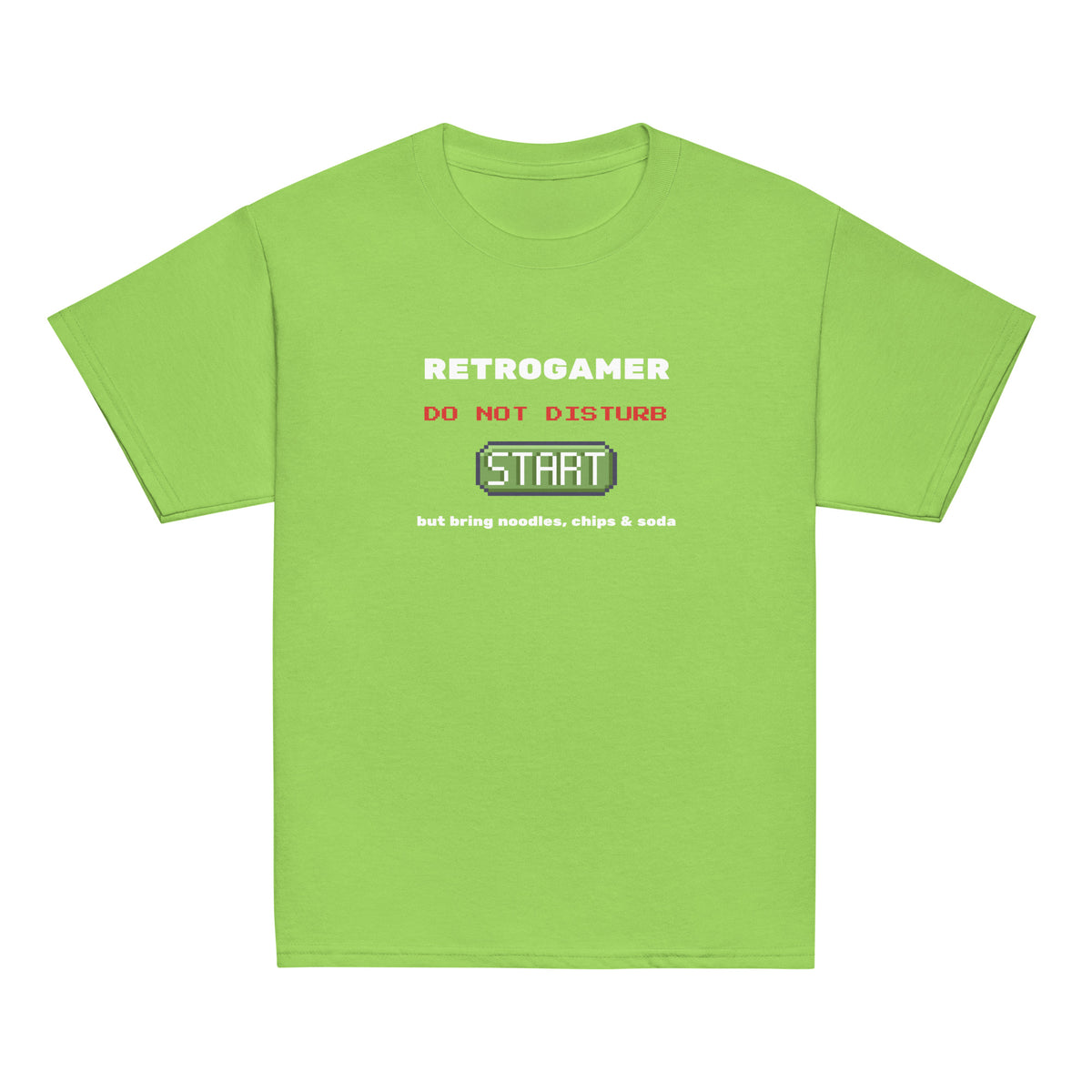 Retrogamer kids' T-shirt in lime green, flat front view on a white background.