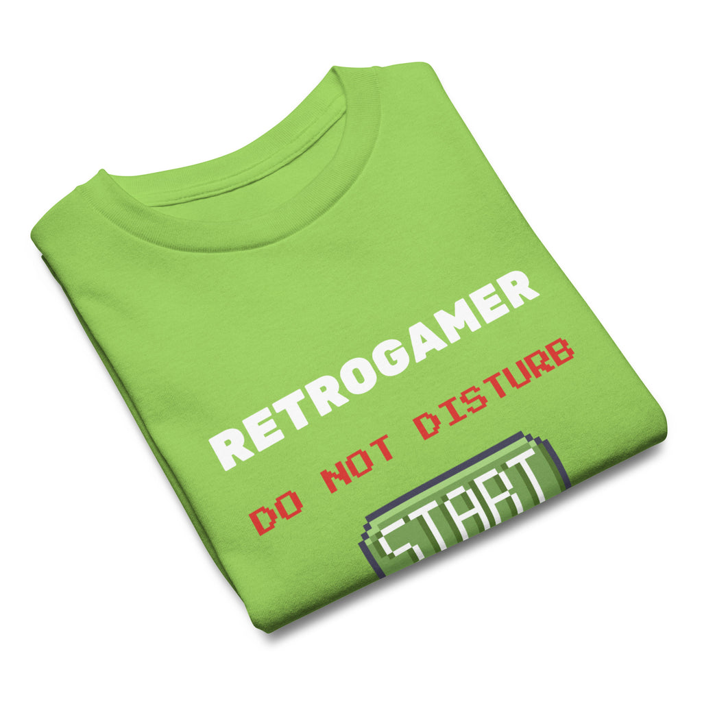 Retrogamer kids' T-shirt in lime green, folded on white to show the pixel Start button.