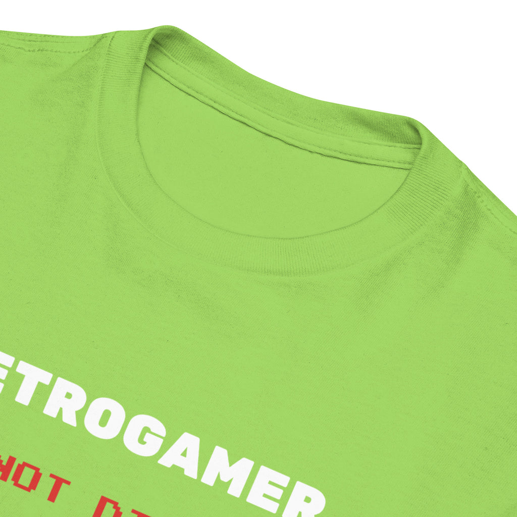 Retrogamer kids' T-shirt in lime green, close-up of the neckline and slogan on white.